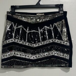 Tea 'N' Rose Black Silver Sequin Beaded Chevron Mini Skirt L - Eras Tour